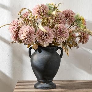 Ceramic Rustic Flower Vase with Handles, 8.36 Inch Tall Vintage Pottery Home Decor, Farmhouse Terracotta Vase for Living Room, Table, Shelf, Mantel Decoration, Farmhouse- Black Bronze