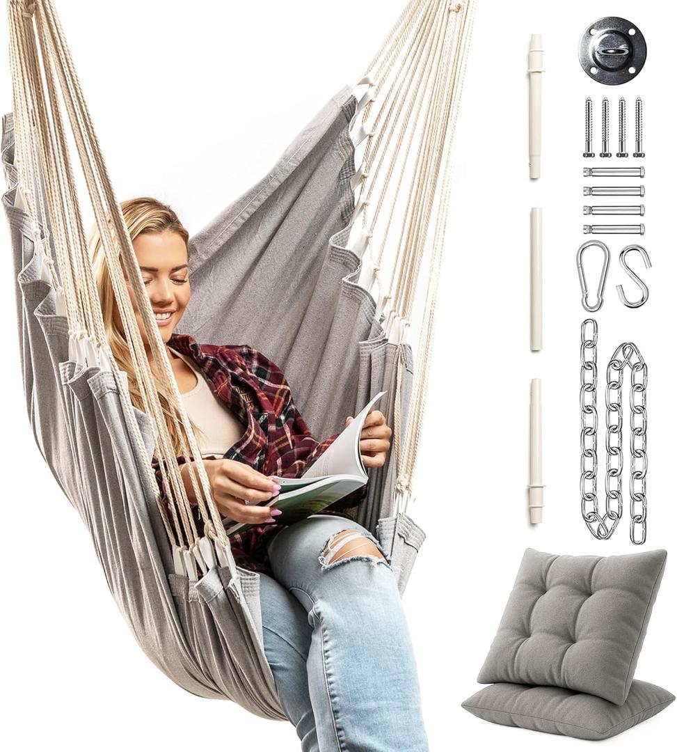 Hanging Hammock Chair Swing  Hanging Chair Outdoor & Indoor - Hammock Swing Chair  Quick & Easy Setup with Hardware Kit  Durable & Spacious Full Body Support with 2 Plush Cushions  Holds 440 Lbs