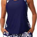 Summer Mae Blouson Tankini Swimsuits for Women 2026 Tummy Control Two Piece Bathing Suits with Sporty Pockets Swim Shorts (Cube) Size 20W