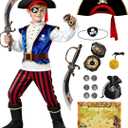 Latocos 16pcs Kids Pirate Costume Toddler Boys Halloween Dress Up Costume with Medallion Pirate Hat Sword Compass Bag Coins 120