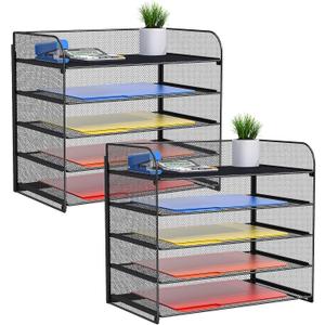 2 Sets 5-Tier Paper Organizer,Paper Tray Holder for Desk,File Holder/Sorter,Legal/Letter Size,A4,File Folder Shelf Organizer for Office,Home,Solid Steel,Mesh,Sturdy,Leakproof,Large Capacity
