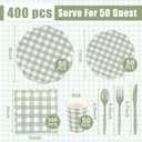 Funnymoom 400 Pcs Gingham Party Supplies for 50 Guests Green and White Paper Plates and Napkins Knives Spoons Forks Cups Disposable Checkered Dinner Party Set Cutlery for Baby Shower Wedding Favor