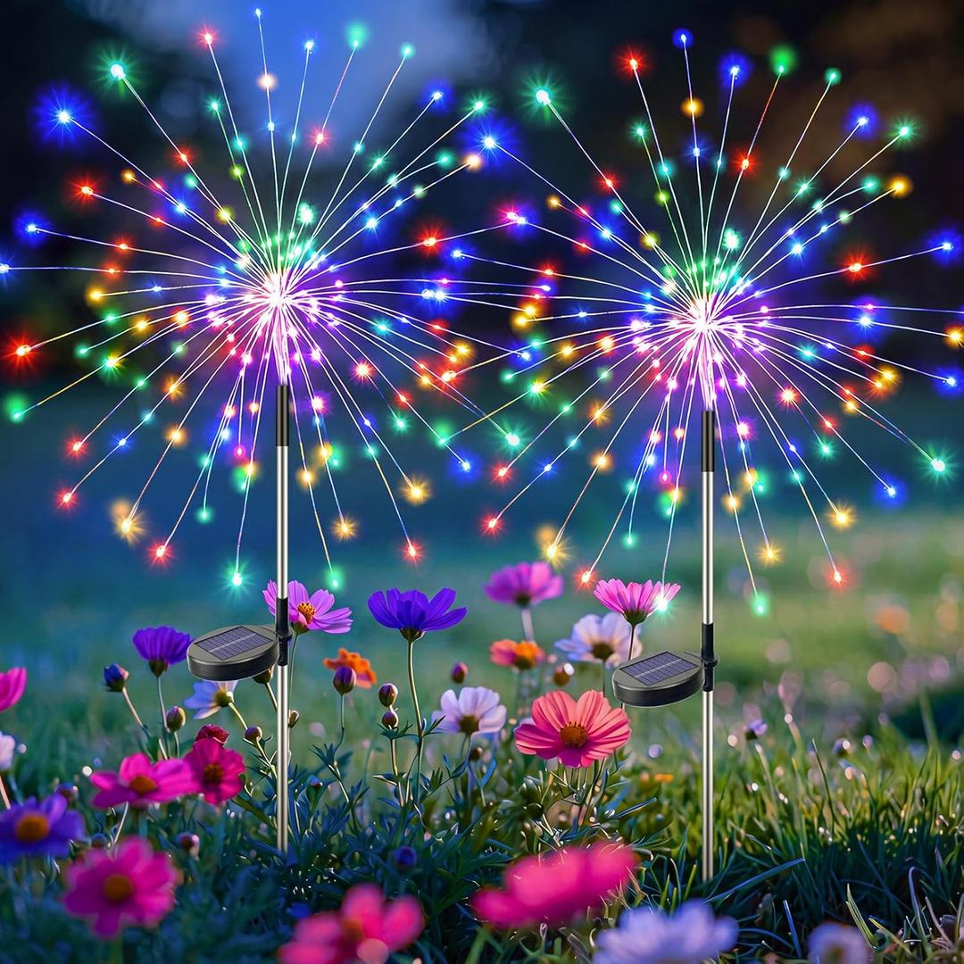 btfarm 2 Pack Solar Garden Lights Outdoor 8 Modes, 120 LED Firework Lights Solar Powered, Waterproof Twinkle Fairy Light Outside for Yard Pathway Lawn Pool Patio Christmas Decorative, Multicolor