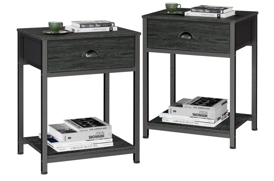 Furologee Nightstands Set of 2, Industrial End Table with Fabric Drawer&Storage Shelf, Small Bedside Table Organizer for Small Space for Living Room, Tall 23.6" Night Stand for Bedroom, Black Oak