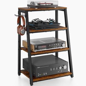 4-Tier AV Media Stand with 2 Hooks,Heavy Duty Stereo Cabinet Furniture-Large Stereo Rack and Game Console Stand,Wooden Record Player Stand,Audio Stand Perfect for DVD Players/Game Console/TV Box/Xbox