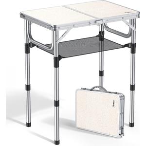 Anbte Folding Camping Table, Aluminum 24" x 16" Adjustable Height Small Folding Table with Carrying Handle, Lightweight, Portable Camping Table Waterproof for Outdoor Indoor Picnic Beach BBQ, Silver