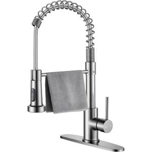 Durable Kitchen Sink Faucet with Sprayer, Compatible with 1 Hole or 3 Hole, 360 Rotatable Commercial Pull Out Kitchen Sink Faucets Spring Laundry Camper Utility Wet Bar (Pull Out, Brushed Nickle)