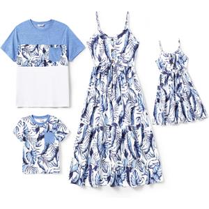 PATPAT Family Matching Outfits Mommy and Me Dresses Spaghetti Sleeveless Summer Vacation Hawaiian Dress and T-Shirts Sets (S)