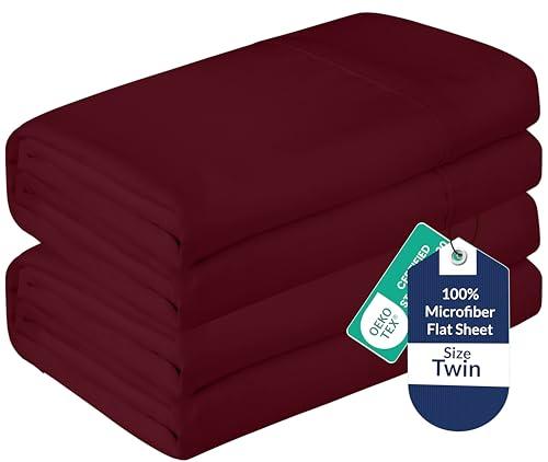 Royale Linens 2 Pack Bulk Flat Sheet Set - Top Sheets - Soft 1800 Microfiber - Wrinkle & Stain Resistant - for Hotel, Massage Table, Hospital, Dorm - Twin Flat Sheet Sold Separately (Twin, Burgundy)