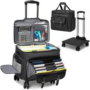 RUCYEN Rolling Teacher Tote Bag for Women Men, Large Tote Bag With Detachable Wheels Trolley,15.6 Inch Laptop Wheeled Teacher Bag for Work Office, Black