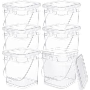 Domensi 6 Pcs Clear Square Bucket with Lid Food Ice Cream Plastic Buckets with Handle Reusable Freezer Containers Industrial Pails for Paint Storage for Kitchen Home(1.5 Gallon)