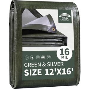RAINDEWAY 12x16 Feet Tarps Heavy Duty Waterproof,16 Mil Heavy Duty Poly Tarp,UV Resistant,Tear Resistant Outdoor Multipurpose Tarp with Grommets and Reinforced Reinforced Edges,Green/Silver