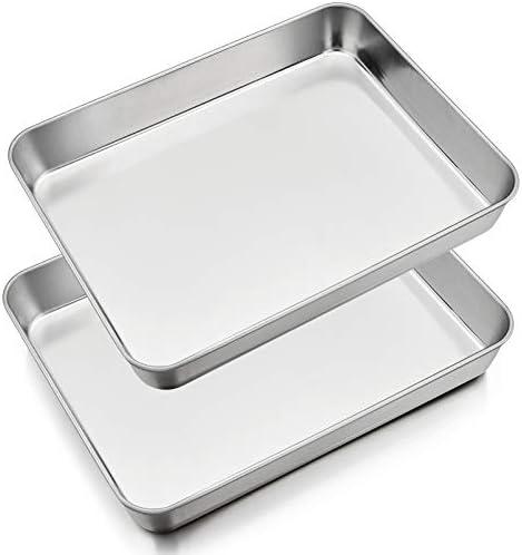 P&P CHEF 12.3 Inch Stainless Steel Sheet Cake Pan, Rectangular Baking Pan for Lasagna Brownie Meats, Cookie Tray Fits in Toaster Oven, Easy Clean & Heavy Duty (2Pcs)