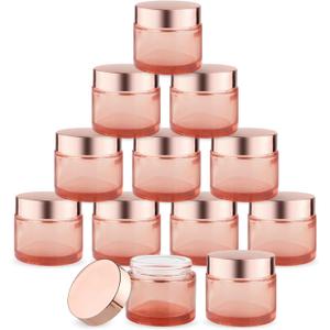 12 Pcs 60g/2oz Glass Cosmetic Jars Refillable Cream Bottle Containers Empty Sample Vials Jar with Rose Gold Lid for Eye Cream Lotion Ointments Lip Balm Scrub - Pink