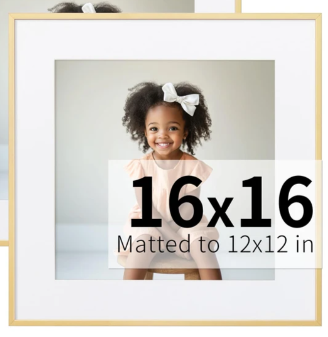 ZLG Gold 16x16 Poster Frame, Premium 16x16 Metal Frame Matted to 12x12, 16x16 Picture Frame, Tempered Glass, Wall Hook Included