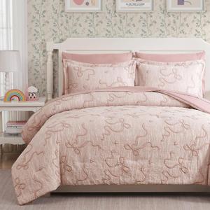 Geniospin Pink Full Comforter Set for Girls- 7 Pieces Bowknot Jacquard Bed in A Bag Full Bedding Sets with Sheets, Pillowcases & Shams, All Season Kids Comforter Set (Full (80"x90"))