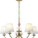 Blue Chandelier for Bedroom Light Fixture, Brushed Gold Art Deco Chandelier with Fabric Shade,Antique Modern Chandeliers paired with Ceramic for Girls Bedroom，Living Room，Dining Room, 28.4X 28.4 X63.4 Inches