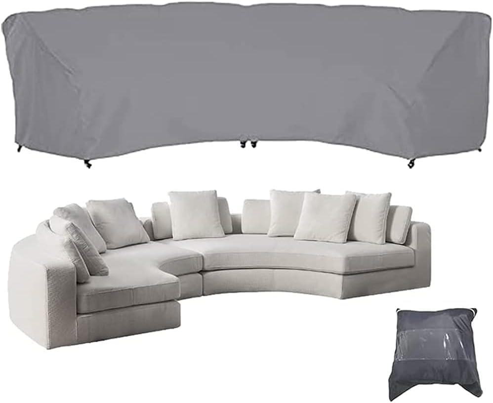 Curved Sofa Cover Outdoor Couch Sectional Protector Waterproof Half Moon Sofa Set Cover with Windproof Elastic Cord for Garden Lawn Indoor Grey (190.1x38.9x36.2in/483x99x92cm)