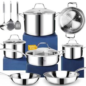 HOMICHEF 14-Piece Nickel Free Stainless Steel Cookware Set Whole-Clad 3-Ply - Mirror Polished Pots And Pans Set - Healthy Cookware Set With Steamer - Non-Toxic Induction Cookware Sets, 14 PCS - Whole-Clad 3-PLY