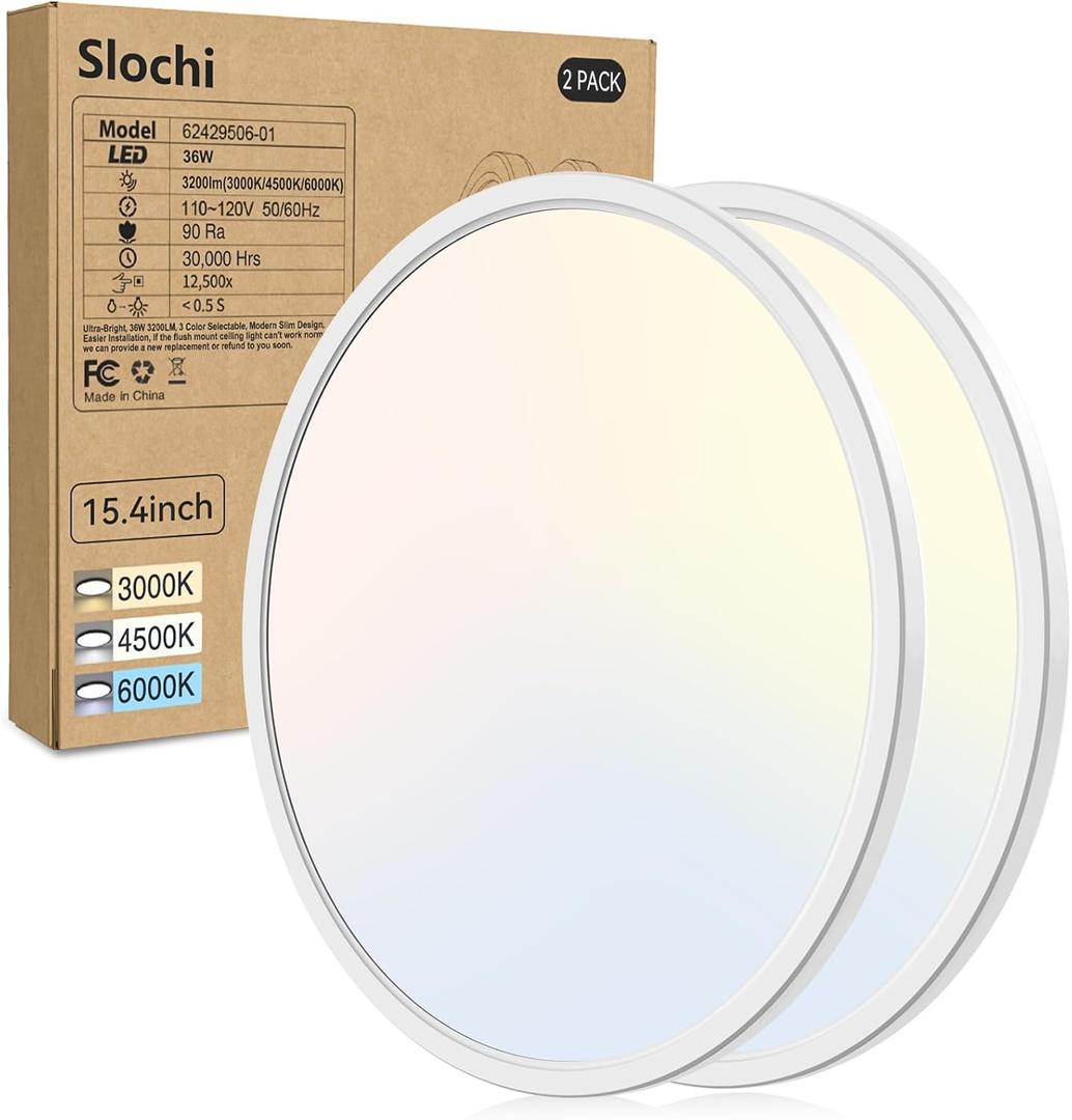 Slochi 15.4 Inch 2 Pack Flush Mount Ultra Thin LED Ceiling Light, 36W 3000K/4500K/6000K 3 Color Temperature Low Profile Ceiling Light Fixtures for Bedroom, Kitchen, Living Room (15.4 Inch-2 Packs, Cool White-3CCT)