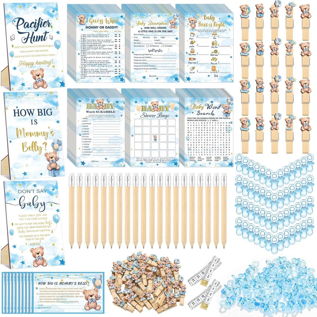 Sherr 476 Pcs Bear Baby Shower Games 6 Sets Activities Cards Pacifier Hunt Game 50 Pacifiers How Big is Mommy's Belly Sign 50 Guessing Cards 2 Measuring Tape Don't Say Baby Sign 50 Clothespin (Blue)