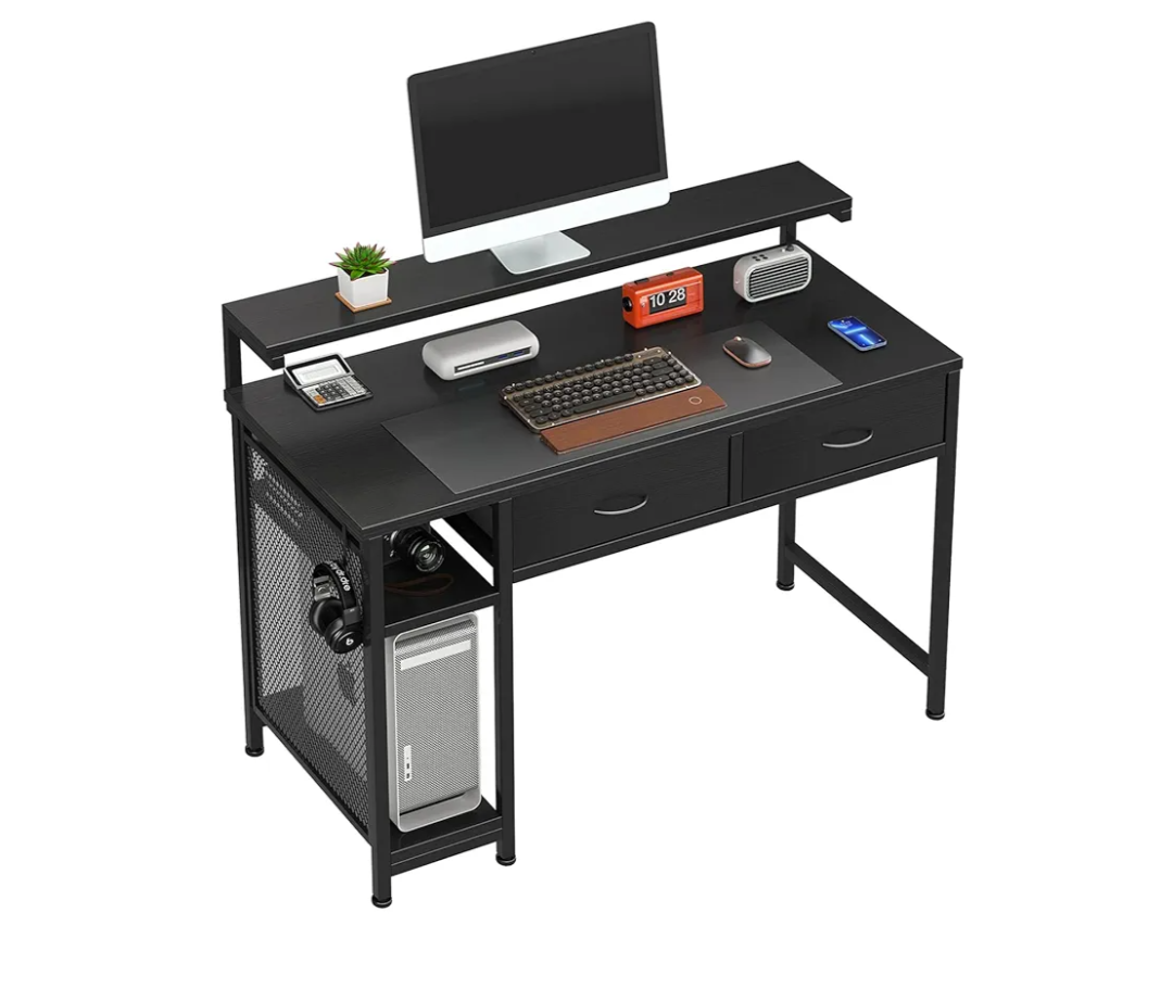 MUTUN 39" Computer Desk, Home Office Desks with Drawers, Adjustable Monitor Stand and Hook, Study Writing Table with Mesh Storage Shelves, Black