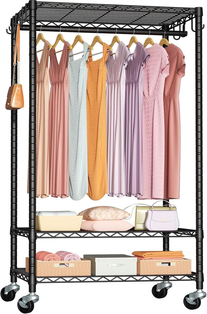 FUTASSI P6 Rolling Clothes Rack Heavy Duty, Clothing Racks for Hanging Clothes, Freestanding Garment Rack with Wheels, Portable Closet Rack Max Load 380 LBS, 35.5'' W x 14'' D x 74.6'' H, Black