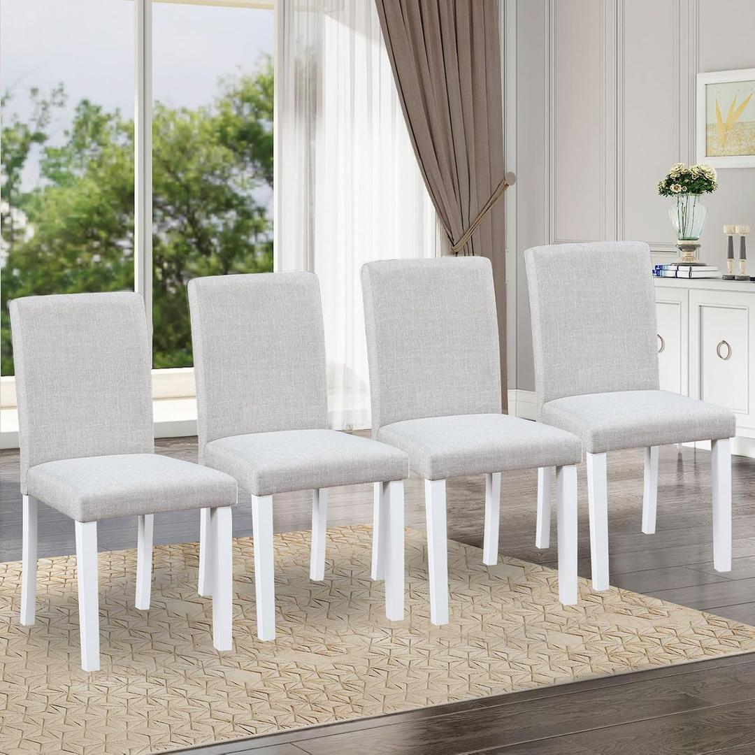 Ball & Cast Upholstered Dining-Room Chairs Set of 4, Kitchen Island Chair with Linen Padded Seat & White Wood Legs, 4pcs Modern Armless Side-Chair for Dining, Gray