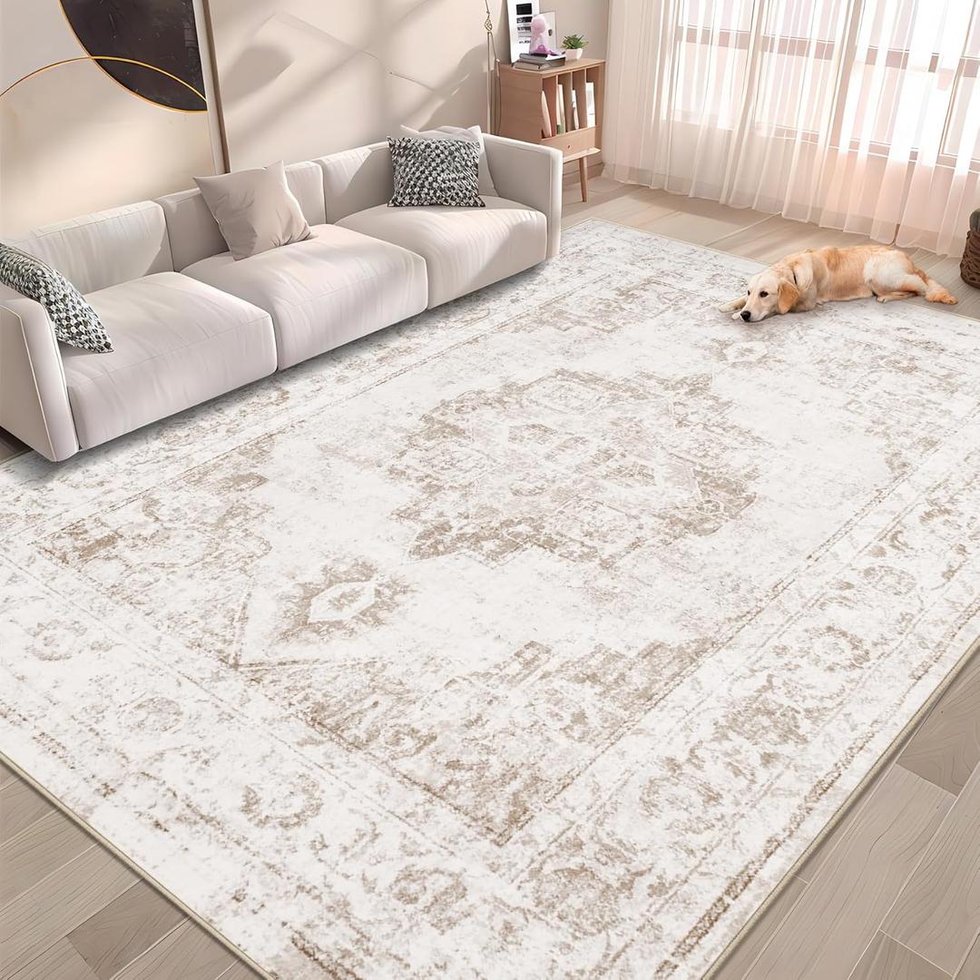 Area Rug 6x9 Vintage Rug: Washable Indoor Medallion Rugs Low Pile Distressed Floor Carpet Retro Accent Rug for Living Room Bedroom Kitchen Dining Table Home Office(Beige, 6'x9')