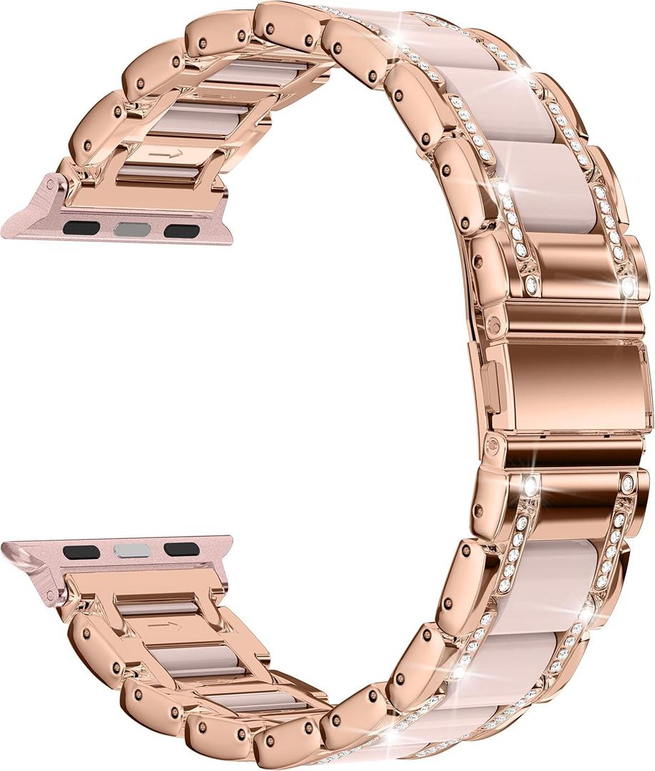 Moolia Metal Band Compatible with Apple Watch Band 42/44/45/46/49mm Women Rhinestones Resin Wristband Bling Diamond Bracelet for iWatch Series 11 10 9 8 7 6 5 4 3 2 1 SE/Ultra1/2/3, Rose Gold/Pink