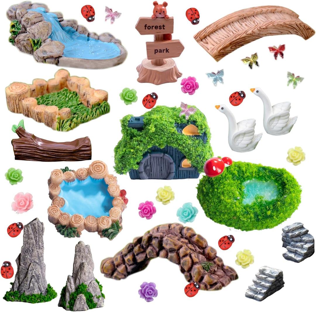 U-Zimikee 45 Pcs Resin Mini Garden Accessories - Miniature Landscape Decorations with Mini Bridge Pond Mountain House Figurines Swan Ladybug Butterfly Flower Figures Bulk for Dollhouse Garden Craft