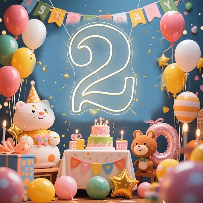 RumonZS Number 2 Light Up LED Neon Sign Backdrop 15.7" Birthday Party Decor Warm White Number One Light Up Sign USB Powered Big Number Sign Light for Birthday Night Light Party Anniversary Wedding