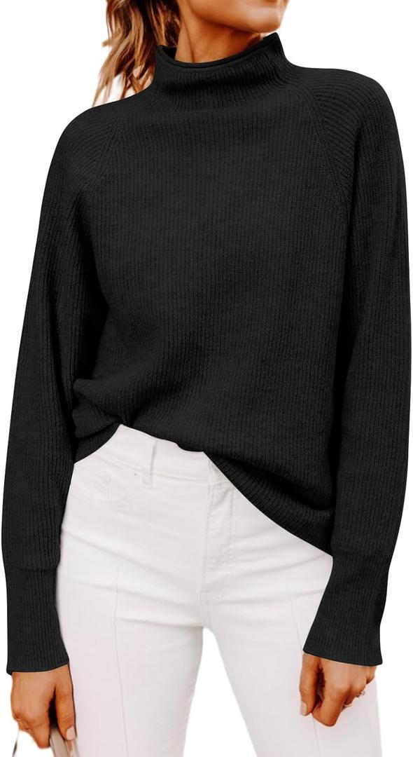 Yousify Womens Ribbed Mock Neck Batwing Sleeve Sweater Loose Knitted Pullover Sweaters Jumper Tops (Medium, 1- Black)