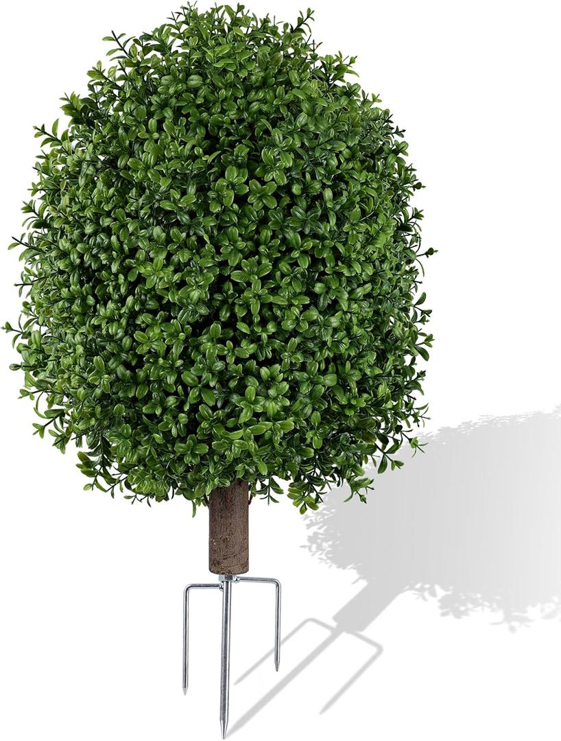 INSPRING 27'' Artificial Boxwood Topiary Trees Outdoor Fake Bushes Plants UV Resistant Evergreen Shrubs with Metal Ground Spike for Porch Patio Garden, 1 Pack