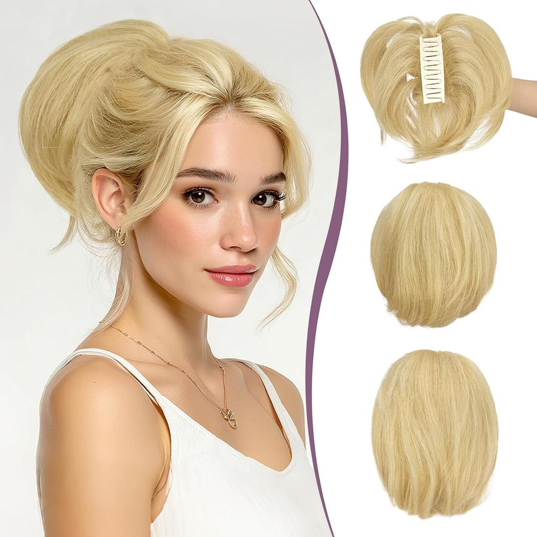 RUWISS Claw Clip Short Human Hair Ponytail Extension with Bendable Metals for DIY Styles Straight Messy Bun Hair Piece for Women Hairpieces for Daily Wear, 9 Inch Light Blonde
