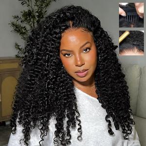 26 Inch Burmese Curly Half Wig Human Hair for Black Women Spiral Curl Ends Glueless Wear & Go Drawstring Wig 180% Density Flip Over Beginner Friendly No Glue No Sew Natural Black