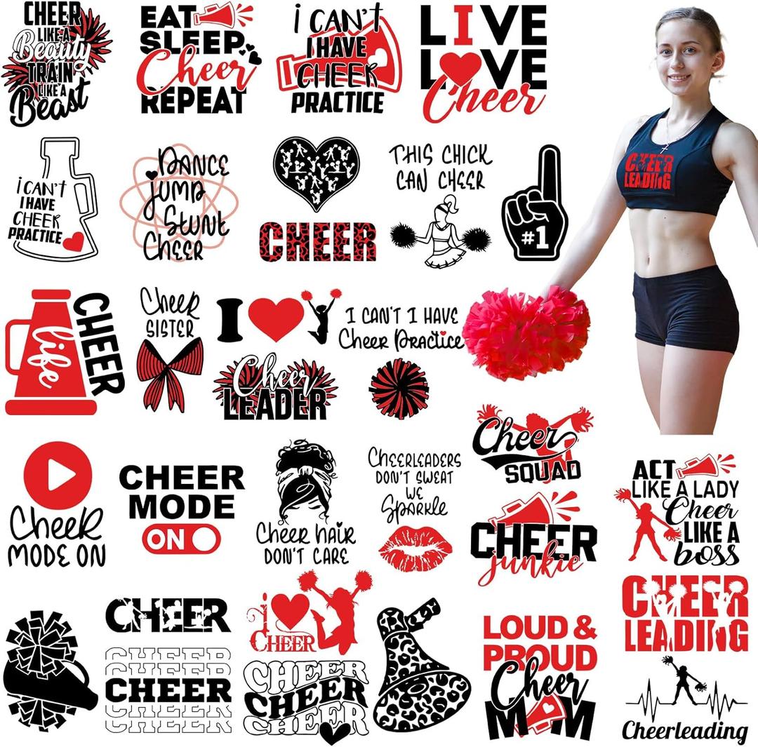 Resurhang 30 Pcs Cheer Iron on Transfers Cheer Gifts Cheerleader Iron on Patches for Clothing Cheerleading Decals Vinyl Heat Transfer Decals for Clothes Hats Bag Pillow Covers DIY(Red)