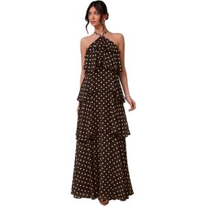 SOLY HUX Women's Wedding Guest Dress Sundresses Ruffle Layered Halter Backless Flowy Formal Maxi Dresses (Brown, S)