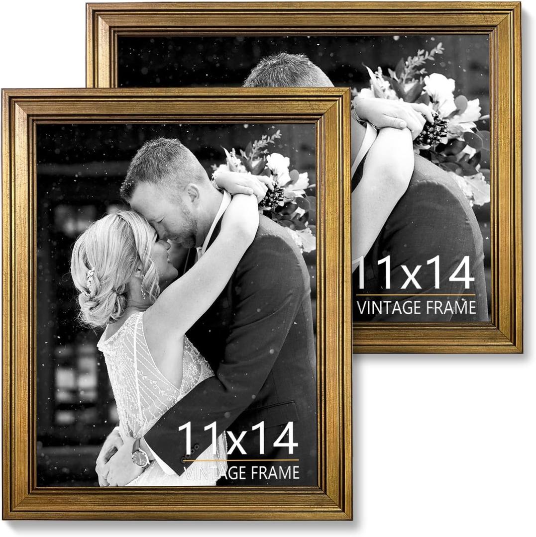 Vintage Gold 11x14 Picture Frame Set of 2 for Wedding Family Baby Photos, HD Acrylic Glass Photo Frame for Wall or Tabletop Display, Elegant Home Decor