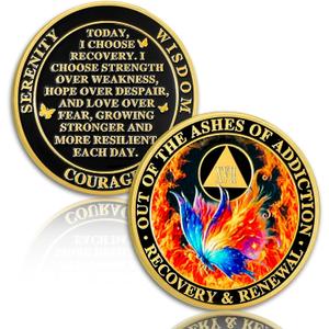 Butterfly Fire 17 Year Sobriety Coin, AA Chip and Medallion for Women | Unique renewal recovery token features ashes of addiction quote, meaningful anniversary sobriety gift for sister and sponsor