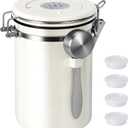 Kirecoo Stainless Steel Coffee Canister - 22OZ Airtight Coffee Bean Storage Grounds Container Holder with Date Tracker & Measuring Scoop, Kitchen Food Canister Jar for Cereal, Sugar, Tea, Flour, Gifts (Beige)
