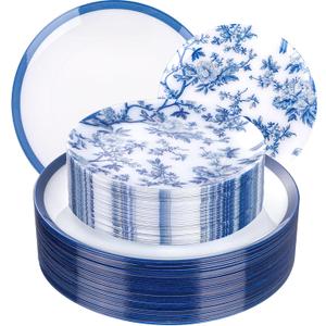 EI 60pcs Blue Plastic Plates Disposable Heavy Duty White with Blue Floral,10.25inch Dinner Plate and 7.5inch Dessert Plate,Disposable Plastic Plates for Party,Birthday,Wedding(Value,More Heavy)