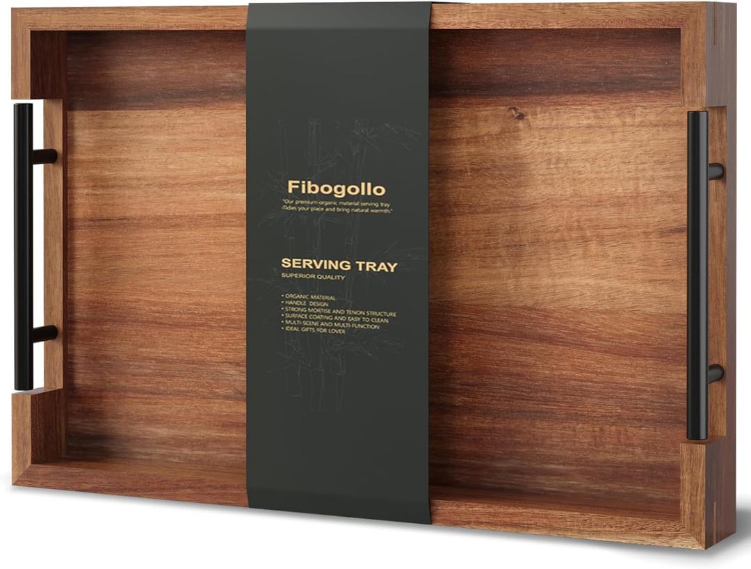 Fibogollo Acacia Wood Serving Tray with Metal Handles,15x10in Ottoman Decorative Trays Platter for Coffee Table,Living Room,Bar,Party(Medium) (Brown)