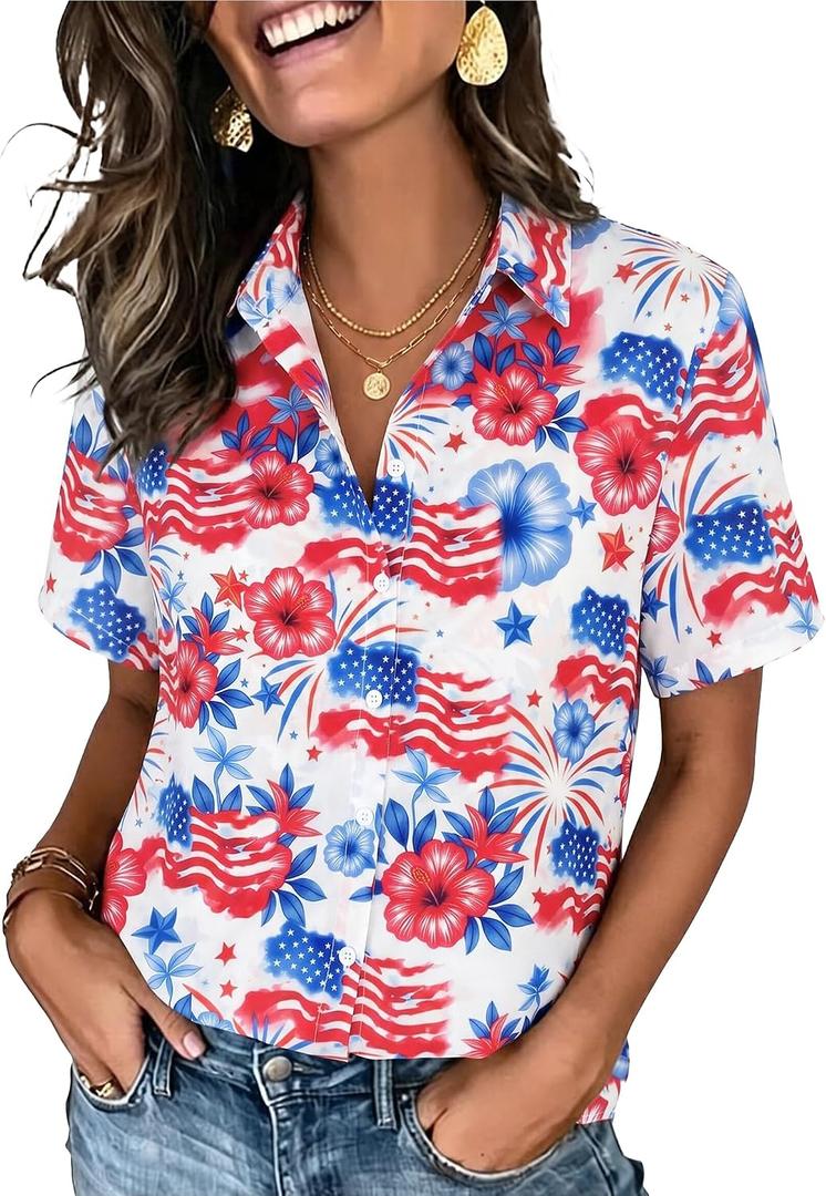 American Flag Shirt Women Patriotic Shirts 4th of July Tops USA Hawaii Floral Blouses Memorial Day Button Down Shirts (M)