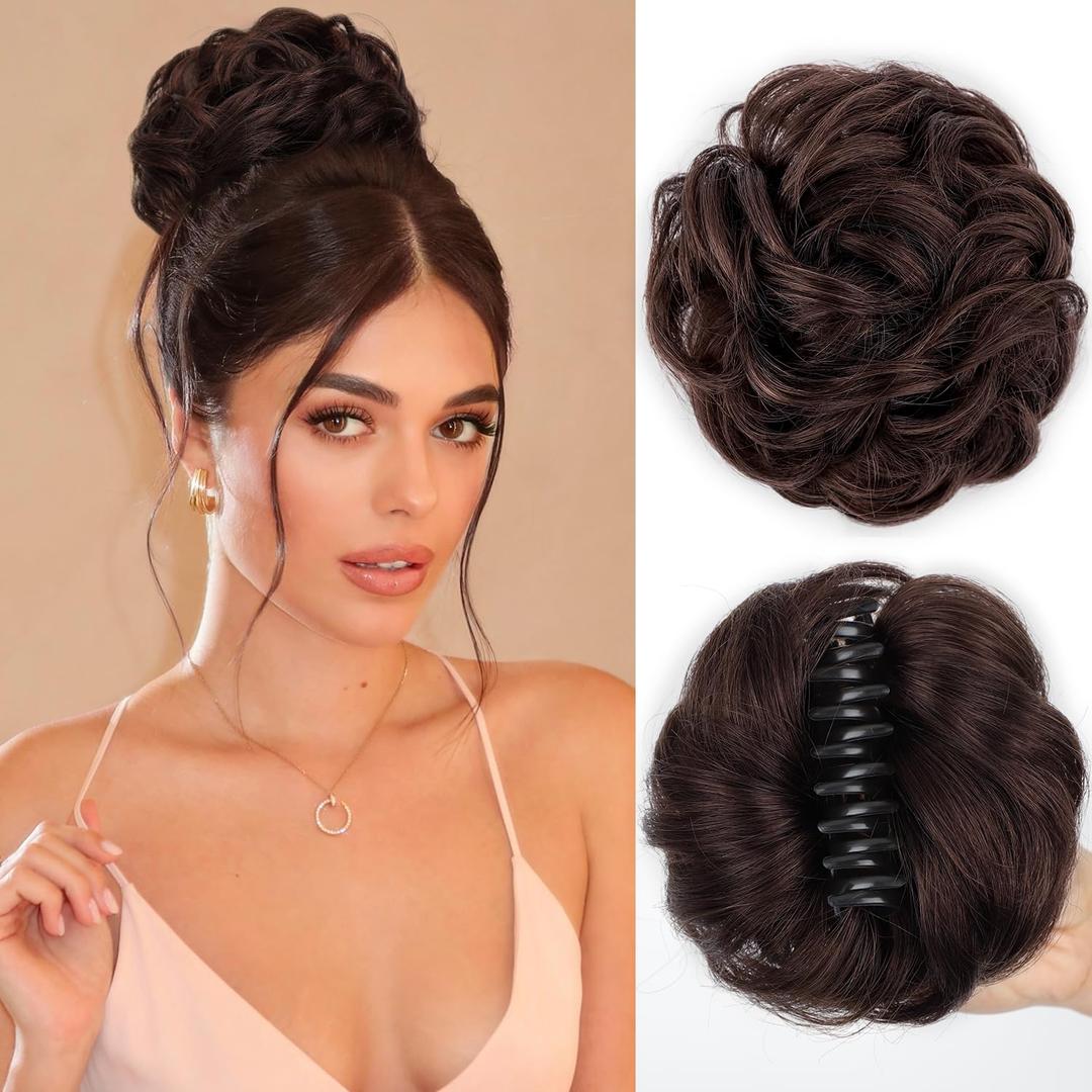 Messy Bun Hair Piece Human Hair Buns Hair Piece Claw Clip Bun Natural Curly Chignon Ponytail Fluffy Donut Updo Hair Pieces Messy Hair Buns Scrunchies for Women (Dark Brown)
