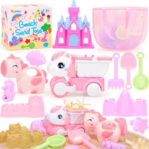 Tagitary Beach Toy Unicorn Sand Toys for Kids, Sand Castle Toys for Beach with Mesh Bag, Sand Shovels, Castle Sand Kits, Sifters, Unicorn Watering Can and Truck, Beach Essential Outdoor Toys for Kids