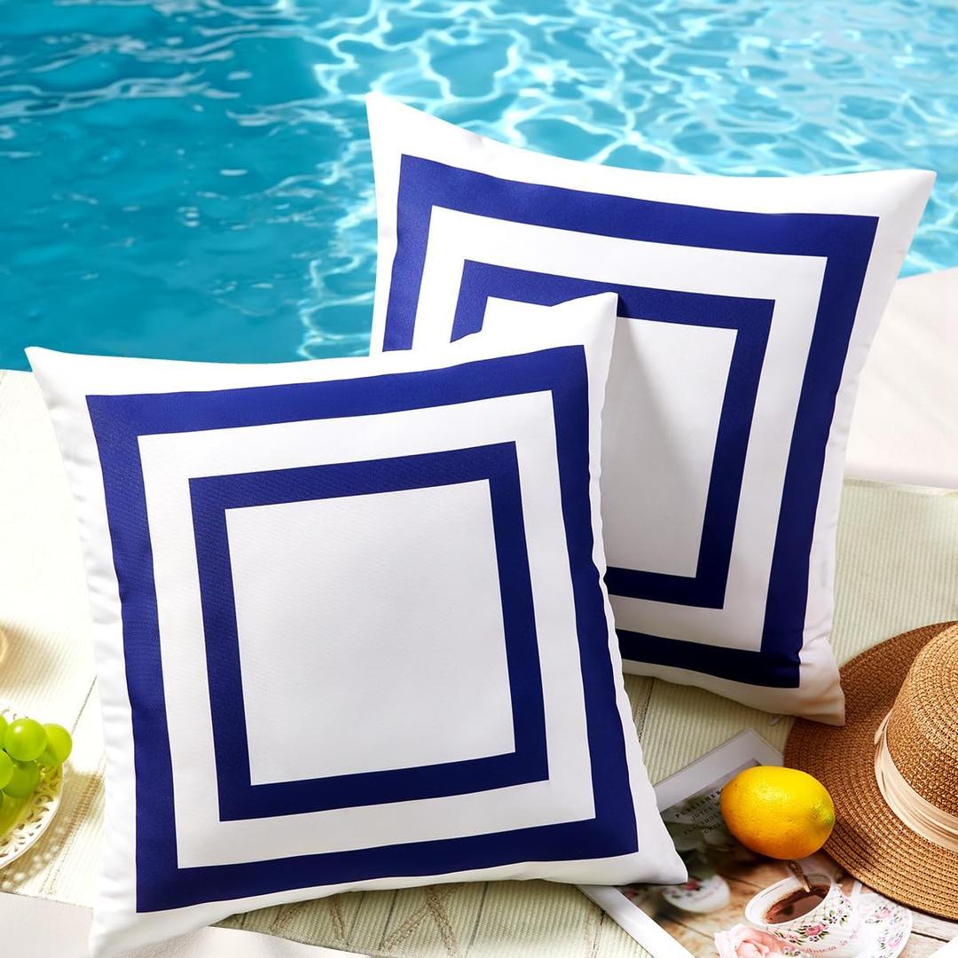 JOJOGOGO 18x18 Navy Blue Frame Outdoor Throw Pillow Covers Waterproof & Sunproof Set of 2, White and Navy Outdoor Decorative Throw Pillows for Patio Furniture Couch and Porch Decor(Without Inserts)