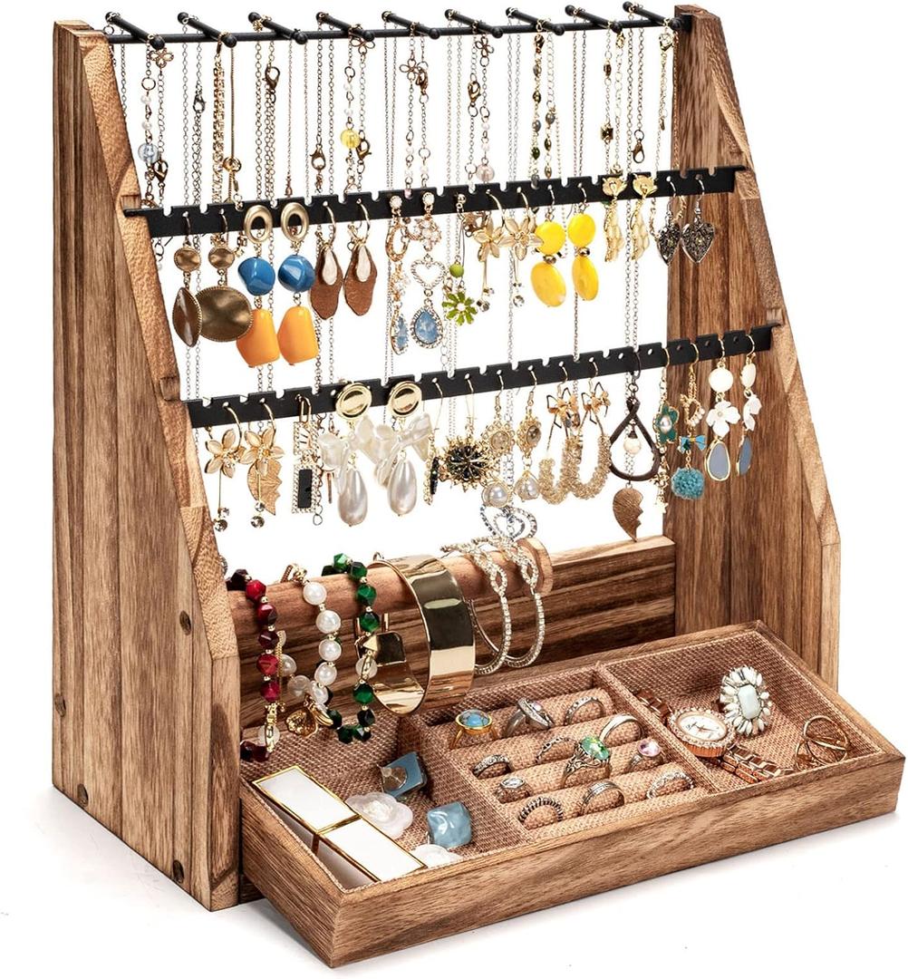 Jewelry Organizer Stand, 5 Layer Earring Holder Organizer with Necklace Holder, Rustic Wood Earring Organizer Display for Stud Earring Bracelet Necklace Ring, Watches