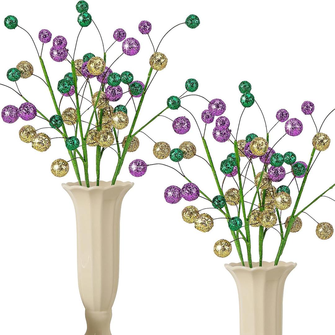 Watayo 8 Pack 15" Large Mardi Gras Ball Centerpiece Stems, Mardi Gras Artificial Glitter Berry Stems Ornaments, Shiny Purple Gold Green Berry Branches Twigs Picks Sprays for Carnival Party Home Decor