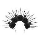 Halloween Black Rose Skull Goddess Halo Crown Headband for Women, Mexican Day of The Dead Gothic Flower Sunburst Headpiece Spiked Headdress for Halloween Carnival Party Cosplay Costume